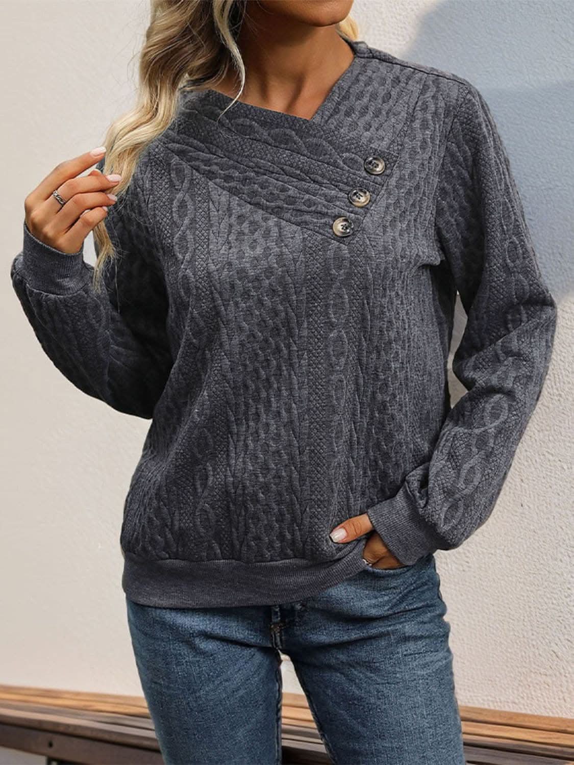 Decorative button long sleeve top - Love Salve